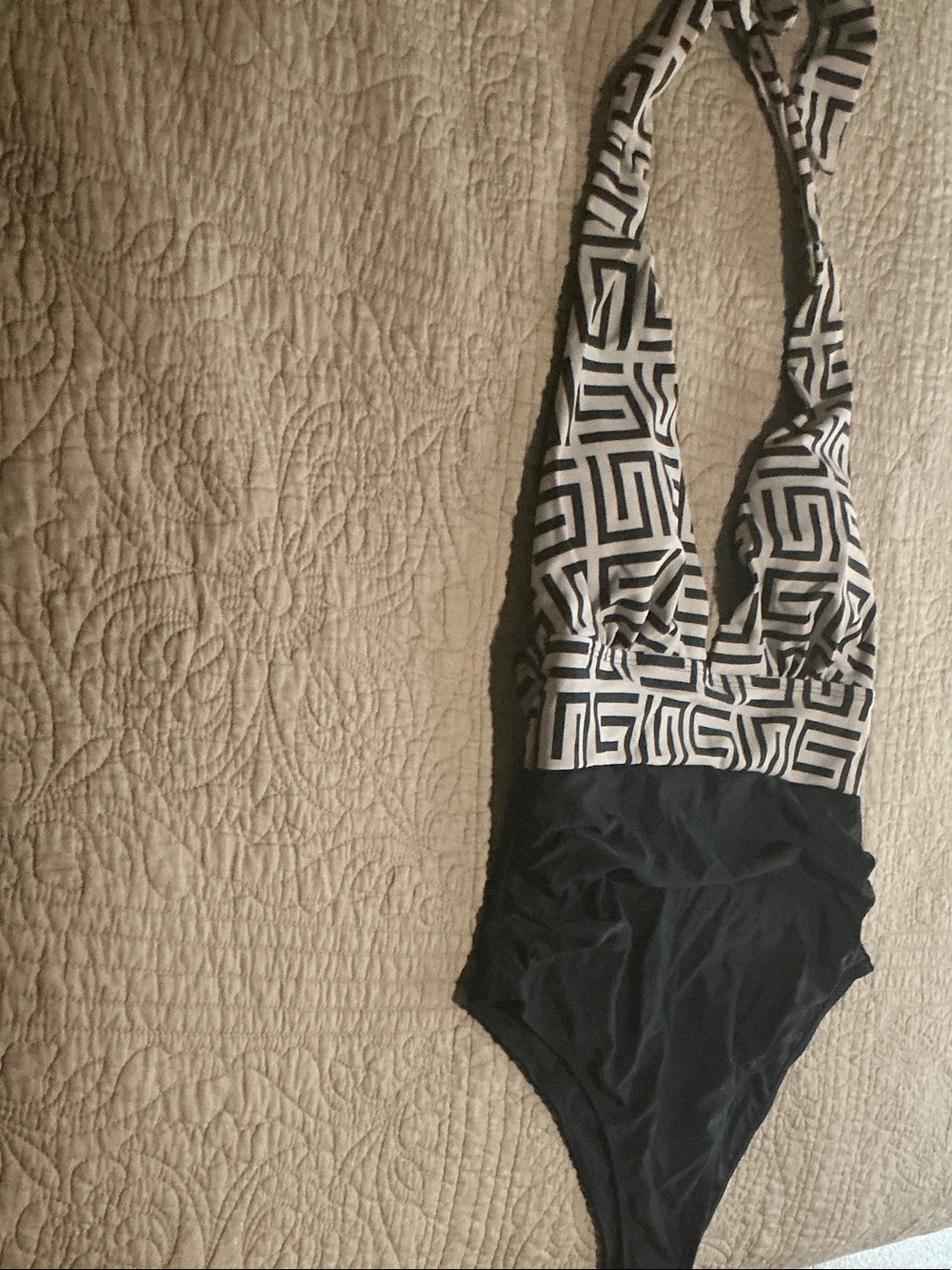 Halter One-Piece Swimsuit in Black and Cream Geometric